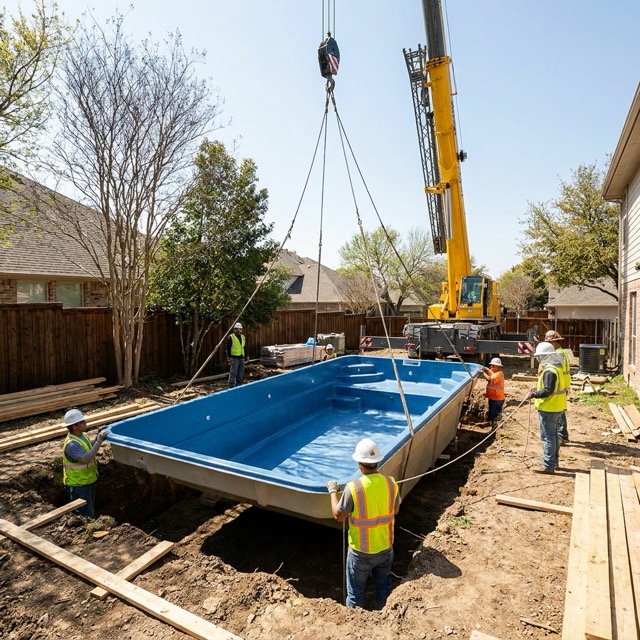 fiberglass pool shell crane set Maine - installation day